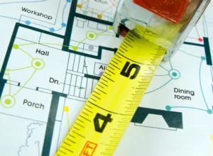 measuring tape and a house schematic